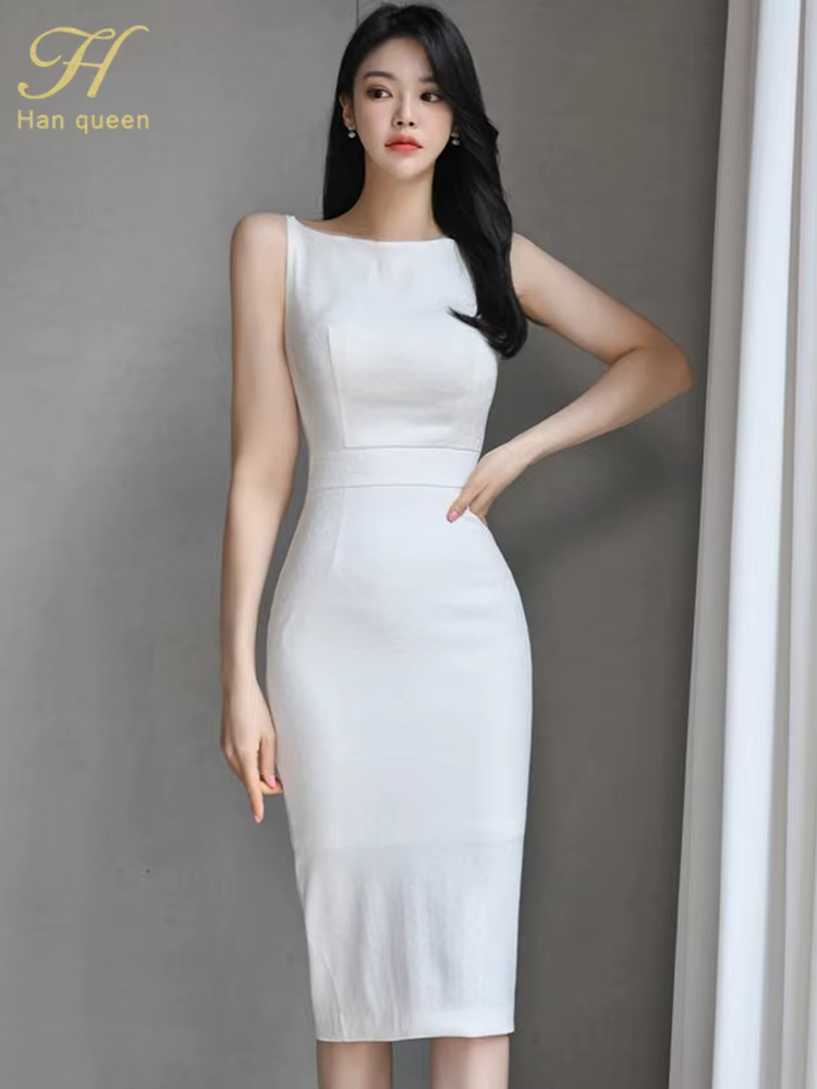H Han Queen nouvelle femme vêtements mince blanc gaine crayon robe d'été bureau fête robes élégantes pour les femmes mode Vestido
