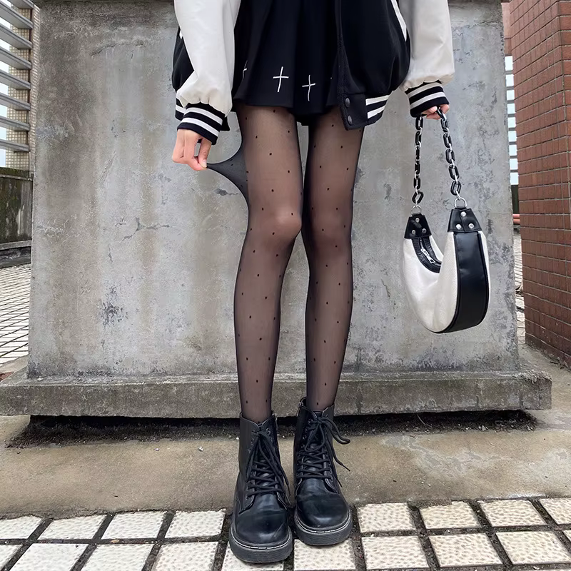 Collants en soie à pois sexy avec nœud/cœur, fins, pour femme, en nylon noir/blanc, pour boîte de nuit, bas de soirée féminins
