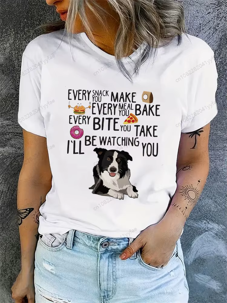 Border Collie T-shirt pour femmes à manches courtes décontracté dames hauts Anime dessin animé T-shirt pour homme imprimé blanc T-shirt femmes t-shirts