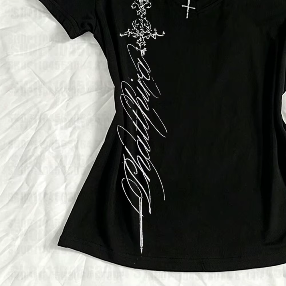 T-shirts pour femmes, col en V, coupe slim, imprimé vintage, élégant, grunge, gothique, esthétique Y2k, Harajuku, hauts décontractés pour femmes, tee-shirt