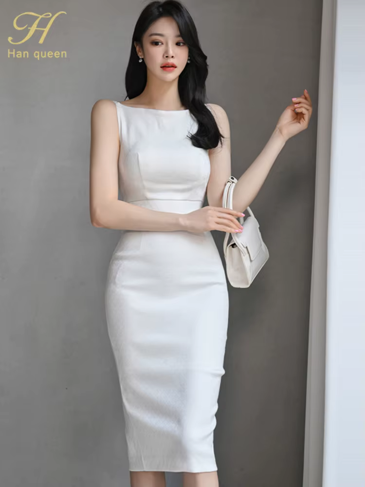 H Han Queen nouvelle femme vêtements mince blanc gaine crayon robe d'été bureau fête robes élégantes pour les femmes mode Vestido