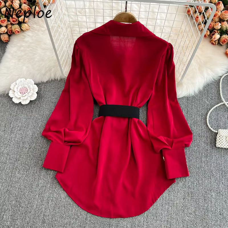 Neploe Printemps 2026 Nouvelle Robe Chemise Femme de Bureau Manches Longues Évasées Ceinture à Nouer Robe Courte Simple Boutonnage
