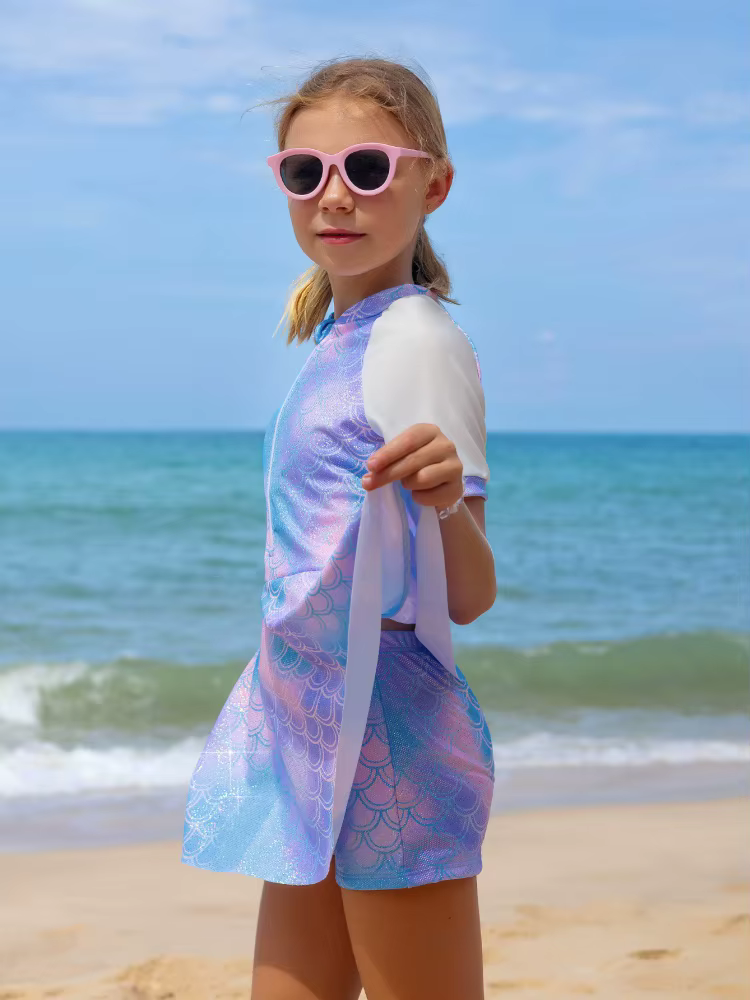Maillot de bain deux pièces pour filles, nouvelle collection 2026, imprimé, manches courtes, fermeture éclair, maillot de bain pour enfants, robe d'été, short de bain, tenue de natation