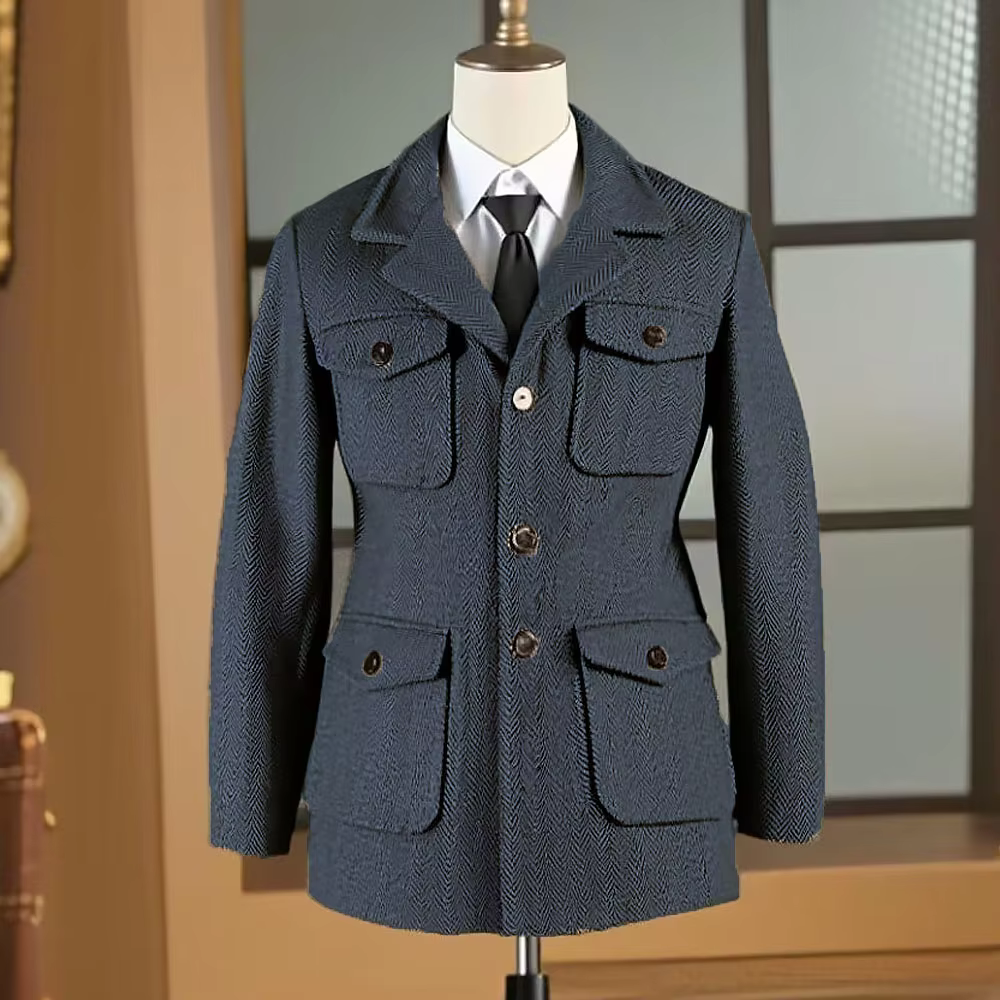 Veste de chasse pour homme, style britannique, en tweed à chevrons, revers, multi-poches, décontractée, veste de costume à revers, mélange de laine vintage, veste de sport
