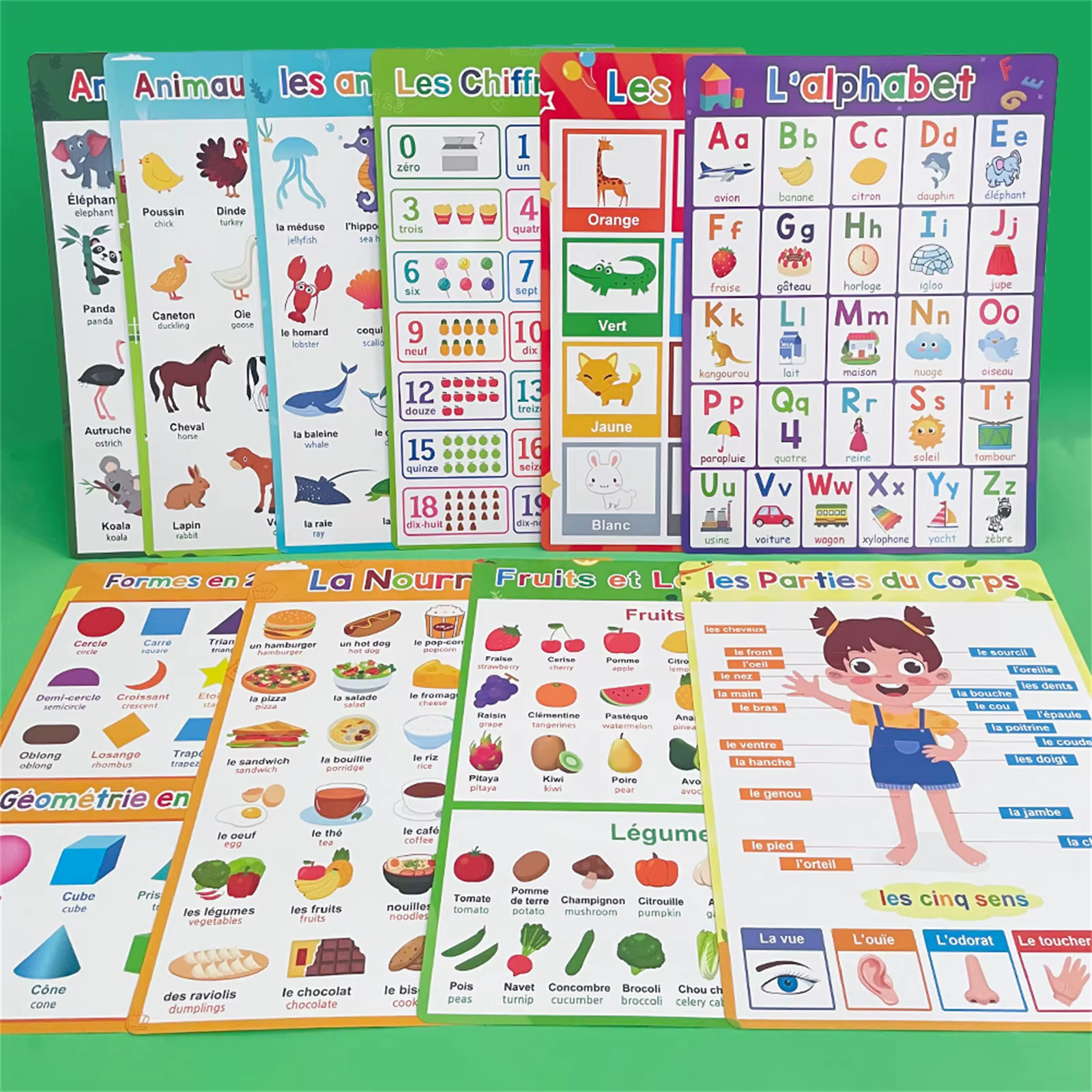 Affiche d'apprentissage du français avec animaux, lettres, fruits, mots, outil d'éducation précoce pour la maison et l'école