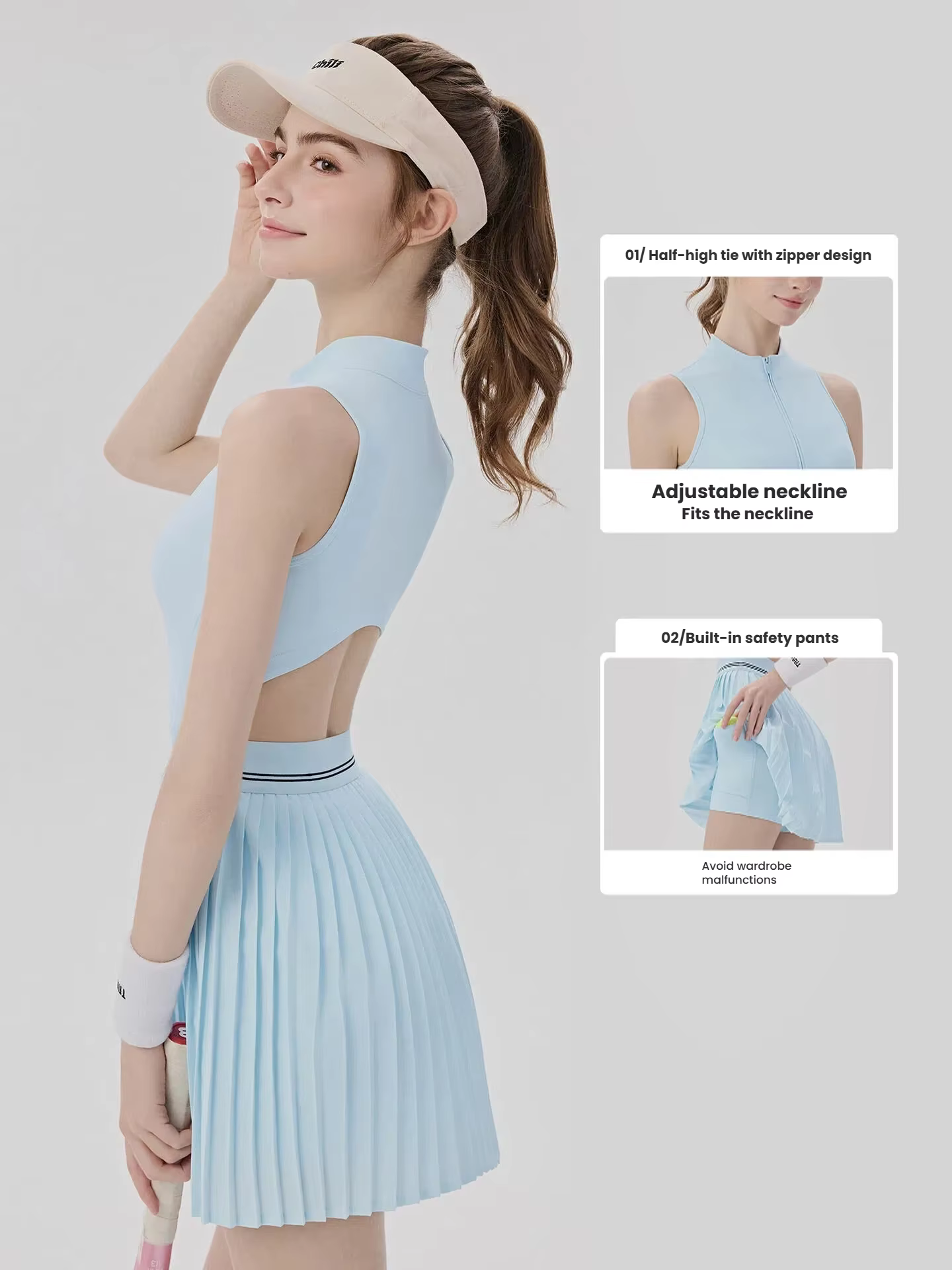 Robe de sport pour femme avec soutien-gorge intégré, rafraîchissante, respirante, anti-exposition, combinaison une pièce pour tennis, yoga, badminton, jupe-short athlétique