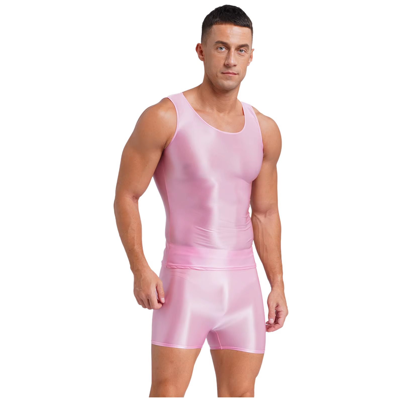 Maillot de bain brillant pour hommes, tenue deux pièces, col rond, débardeur extensible avec short, maillot de bain, Yoga, entraînement, Fitness, vêtements de sport