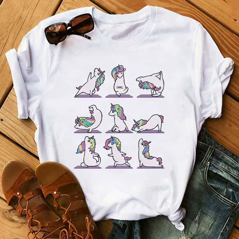 PDPyoga-T-shirt de fitness imprimé graphique animal pour femme, T-shirt Kawaii décontracté, T-shirt Harajuku esthétique, T-shirt blanc Y-Tee, poses drôles