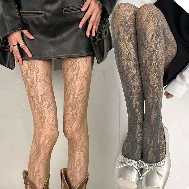 Collants noirs sexy en résille à motif floral