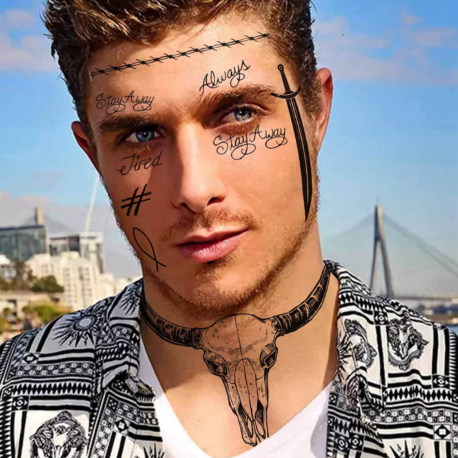 12 feuilles mode Pop rappeur taureau tête de bœuf tatouages temporaires pour hommes femmes adultes Halloween Costume Malone Fans bras cou faux