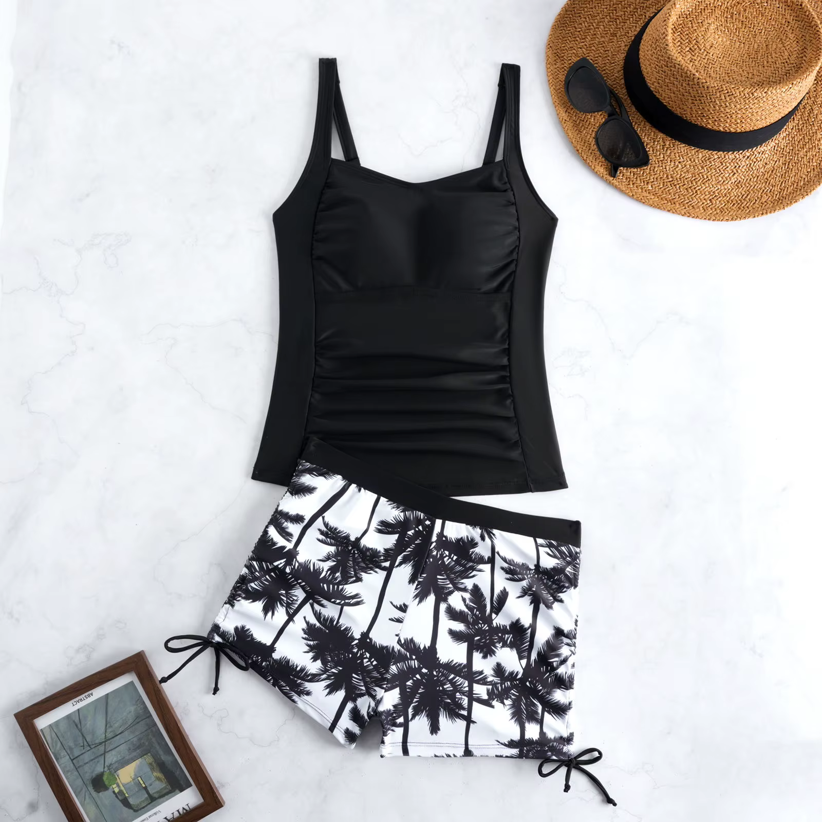 Maillots de bain tankini pour femmes, imprimés, avec short à cordon de serrage latéral, maillot de bain deux pièces tendance pour les vacances à la plage