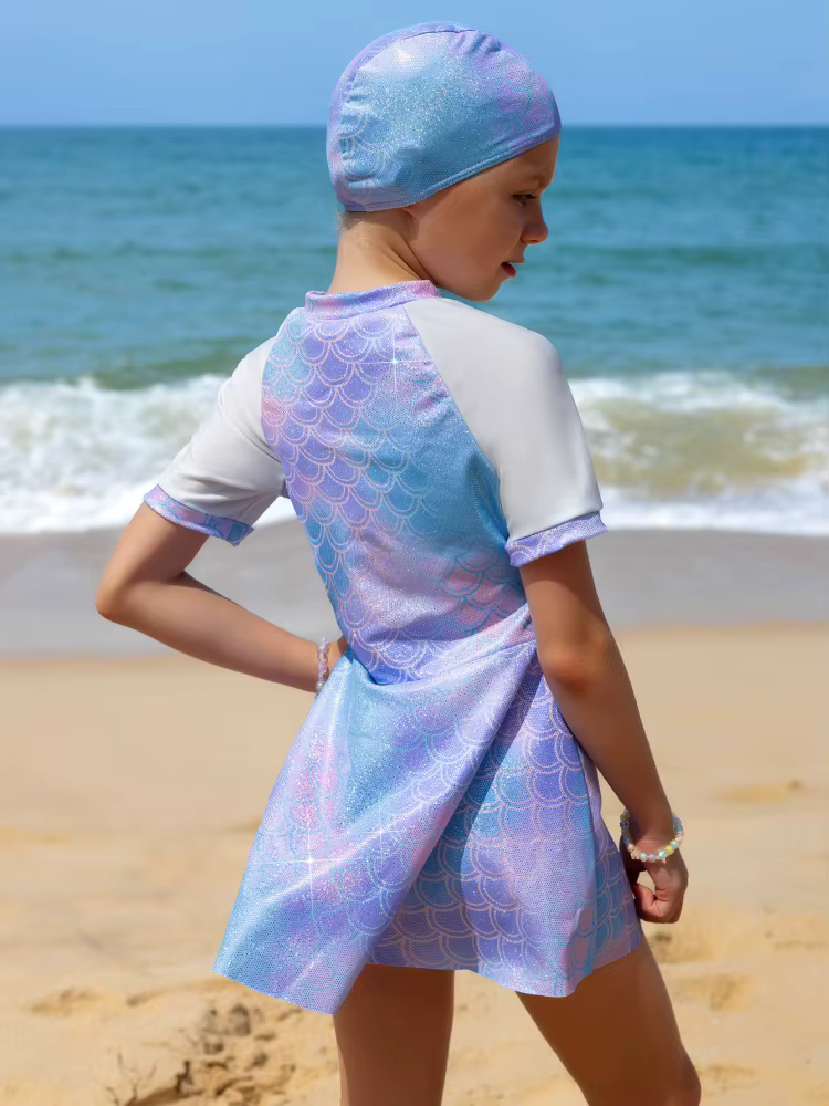 Maillot de bain deux pièces pour filles, nouvelle collection 2026, imprimé, manches courtes, fermeture éclair, maillot de bain pour enfants, robe d'été, short de bain, tenue de natation