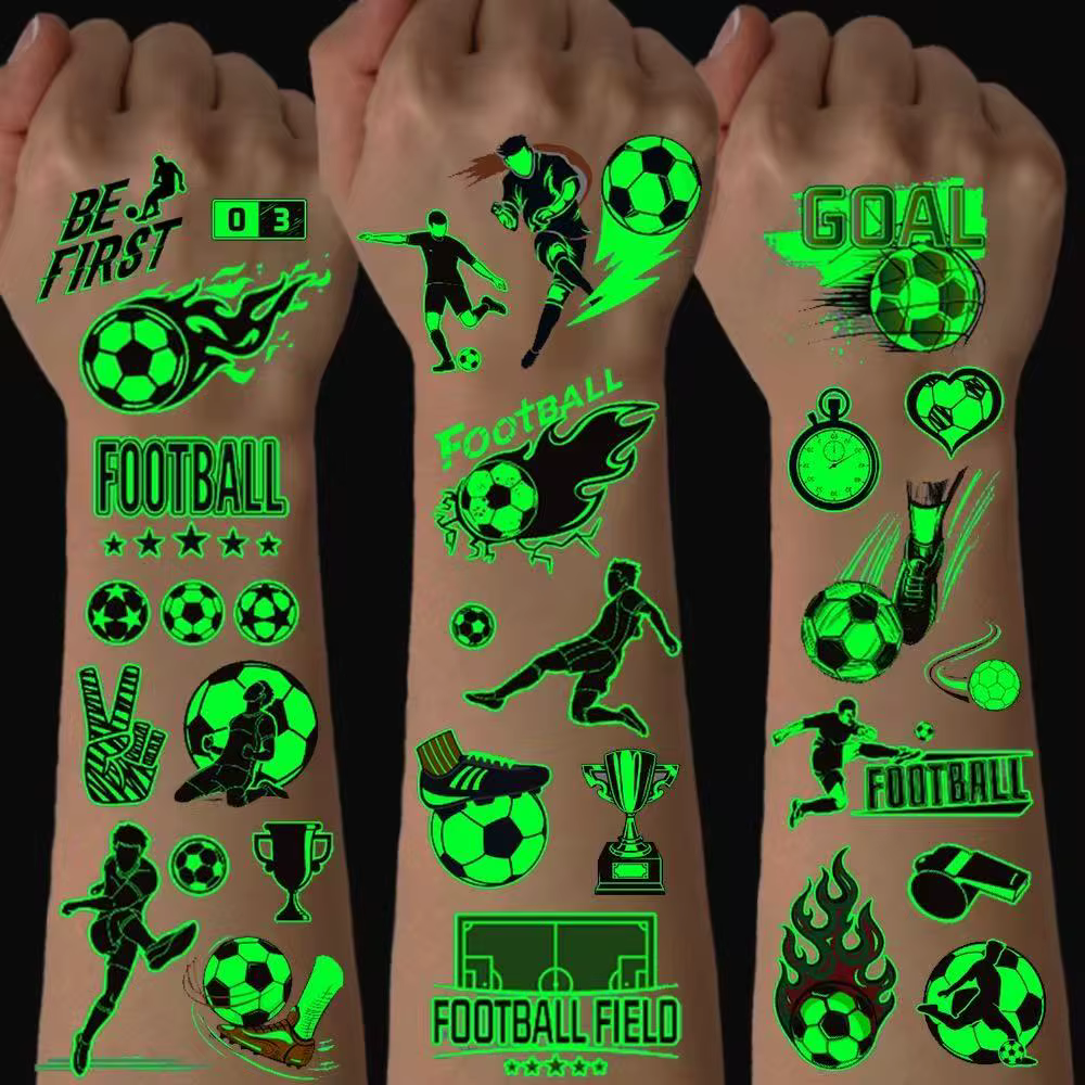 10 feuilles de tatouages temporaires lumineux sur le thème du football, qui brillent dans le noir, pour les fans de football, décorations pour fêtes