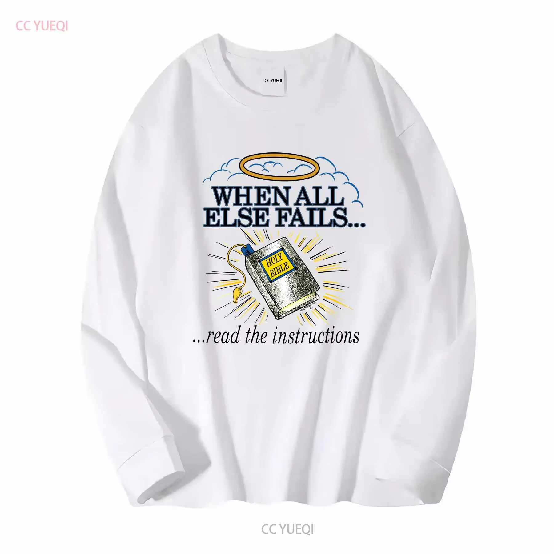 T-shirt vintage années 90 « When All Else Fails Read The Instructions Holy Bible Jesus » XXL, manches longues ou courtes, effet délavé, respirant