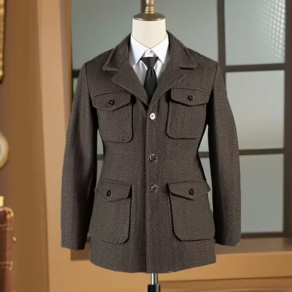 Veste de chasse pour homme, style britannique, en tweed à chevrons, revers, multi-poches, décontractée, veste de costume à revers, mélange de laine vintage, veste de sport