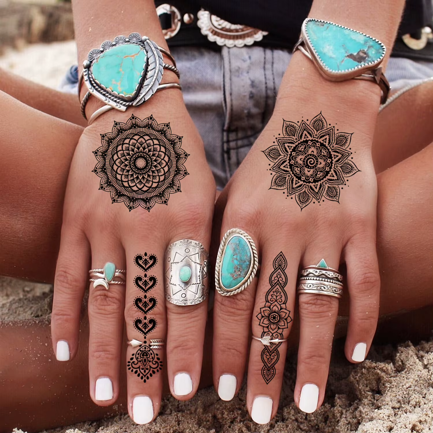 Tatouages temporaires fleur Mandala, autocollants de faux tatouage noir de style henné, 10 feuilles