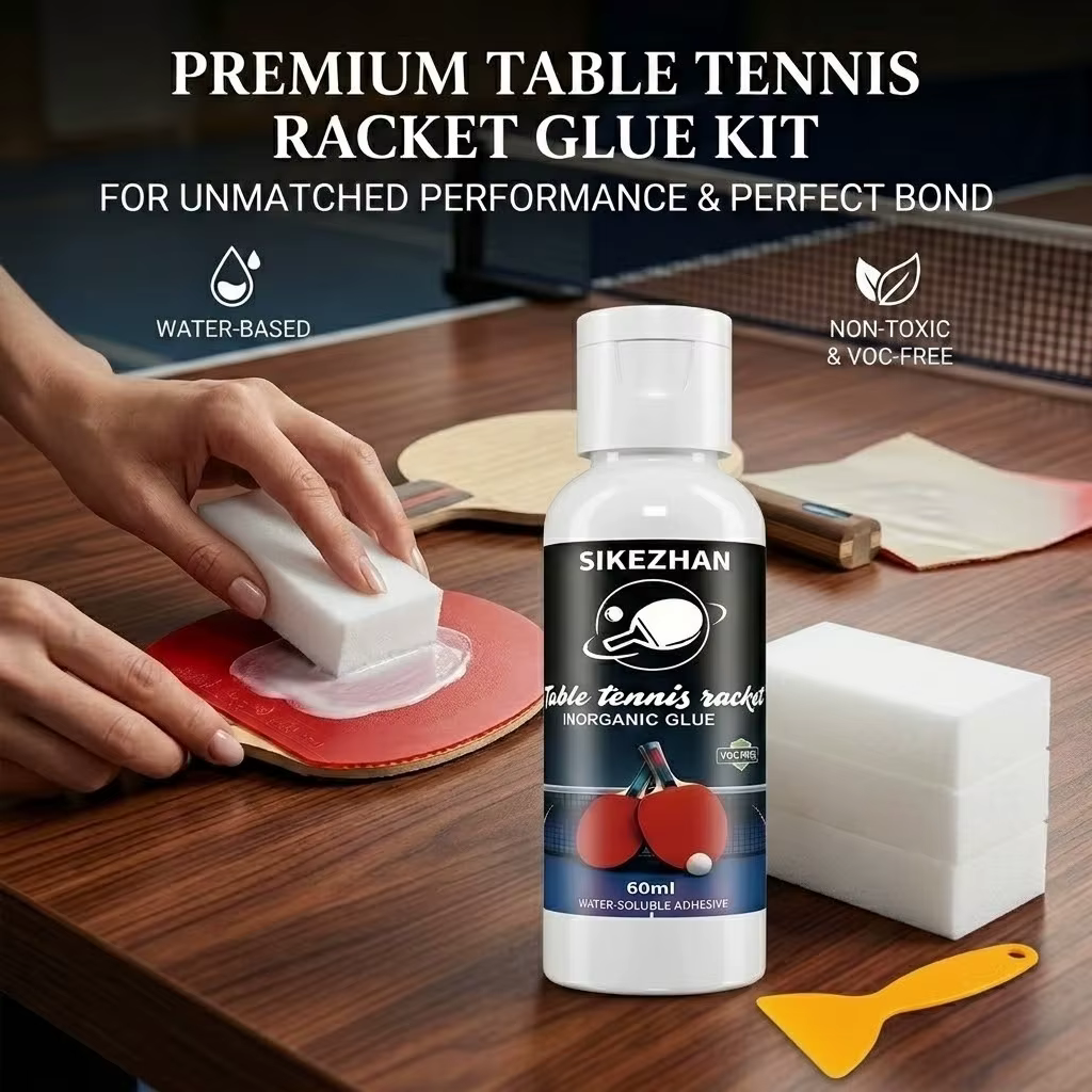 Colle de tennis de table 60 ml avec 3 éponges + raclette jaune, adhésif puissant pour l'assemblage des raquettes de ping-pong et le remplacement du caoutchouc
