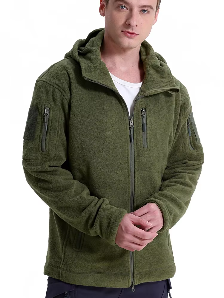 Veste polaire de chasse pour hommes, veste tactique polaire d'extérieur, randonnée, chasse, hiver, chaud, fermeture éclair complète, sweat à capuche militaire multi-poches