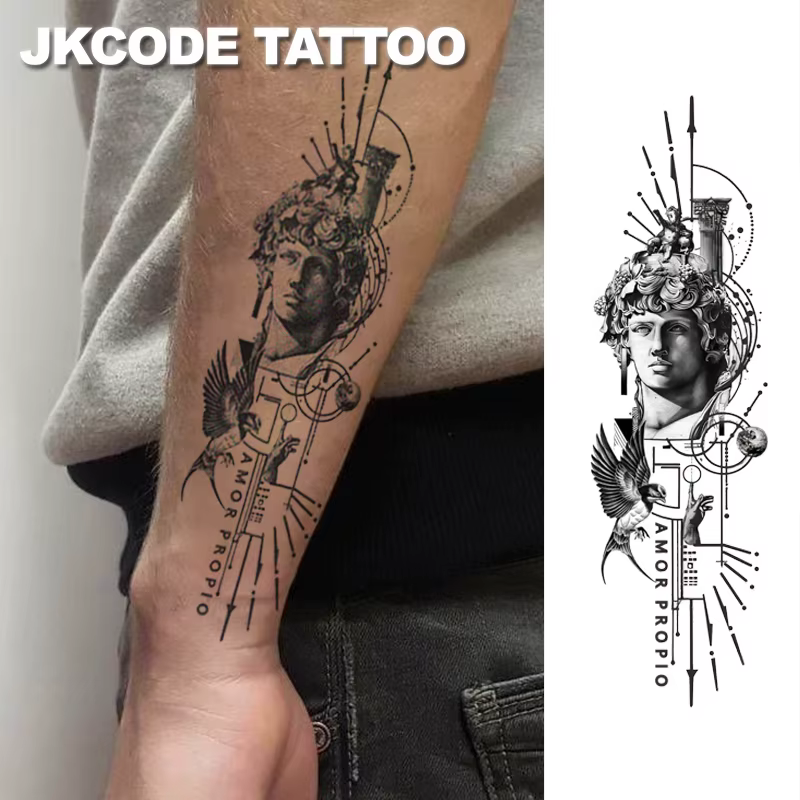 Tatouages de festival de musique - Art des tatouages aux herbes - Tête de Michel-Ange en plâtre avec pie - Totem de la mythologie romaine - Design portugais « Amor Propio » - Tatouage temporaire pour