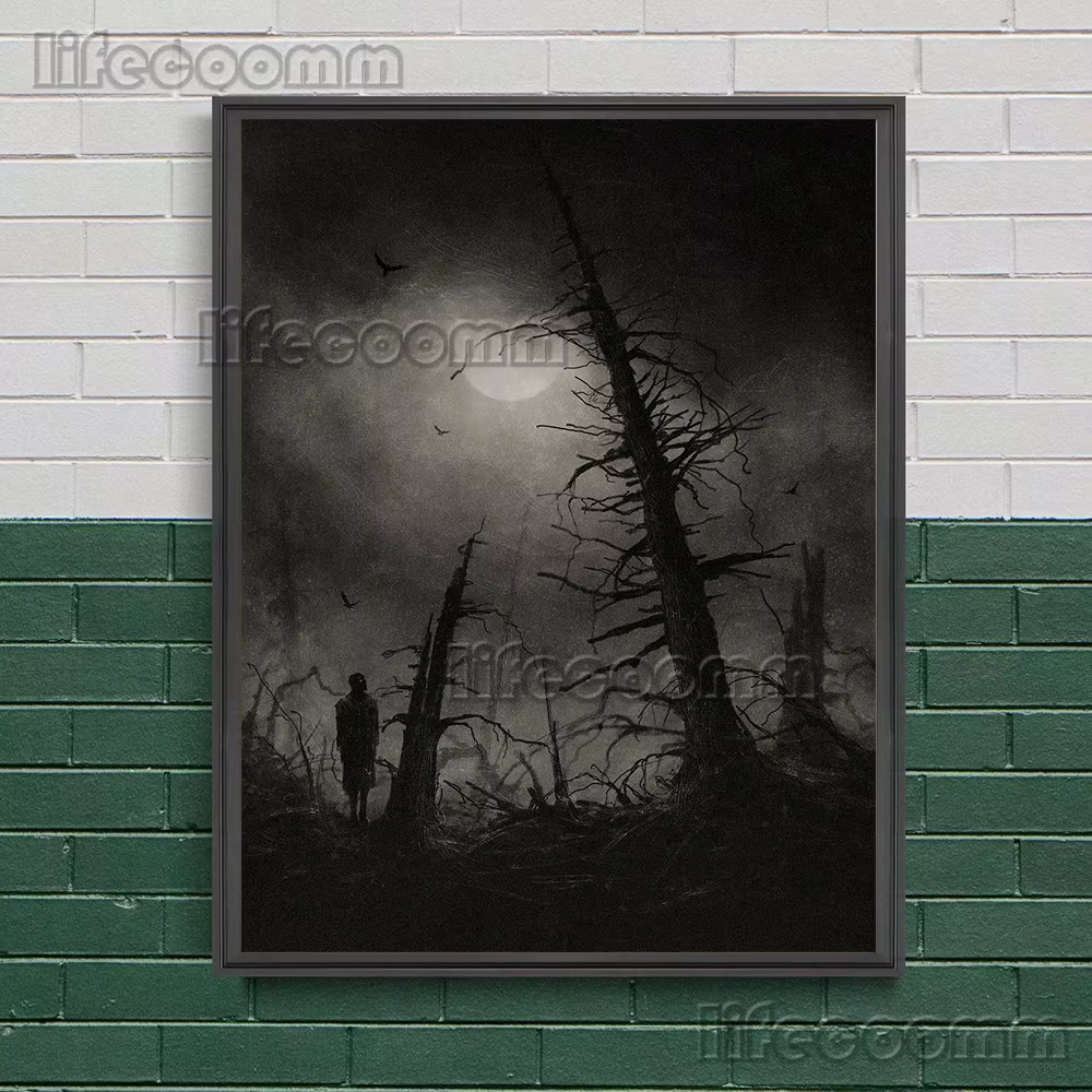 Toile d'art mural abstrait noir-blanc, cabane de montagne et voyageurs, peinture silencieuse, forêt de montagne, affiche d'art fantastique, décor imprimé