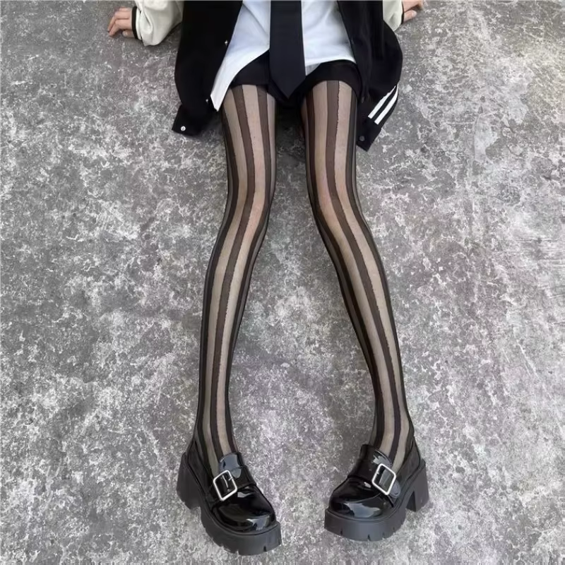 Collants rayés Vintage pour femmes, collants noirs à larges rayures verticales, rétro classiques, bonneterie en Nylon, bas hauts de cuisse