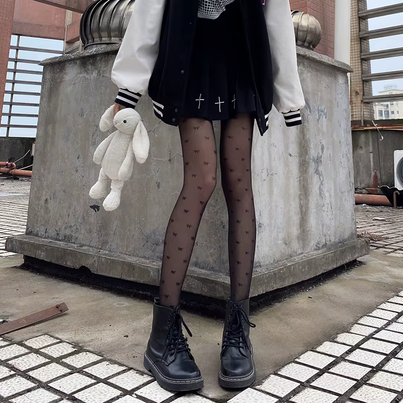 Collants en soie à pois sexy avec nœud/cœur, fins, pour femme, en nylon noir/blanc, pour boîte de nuit, bas de soirée féminins