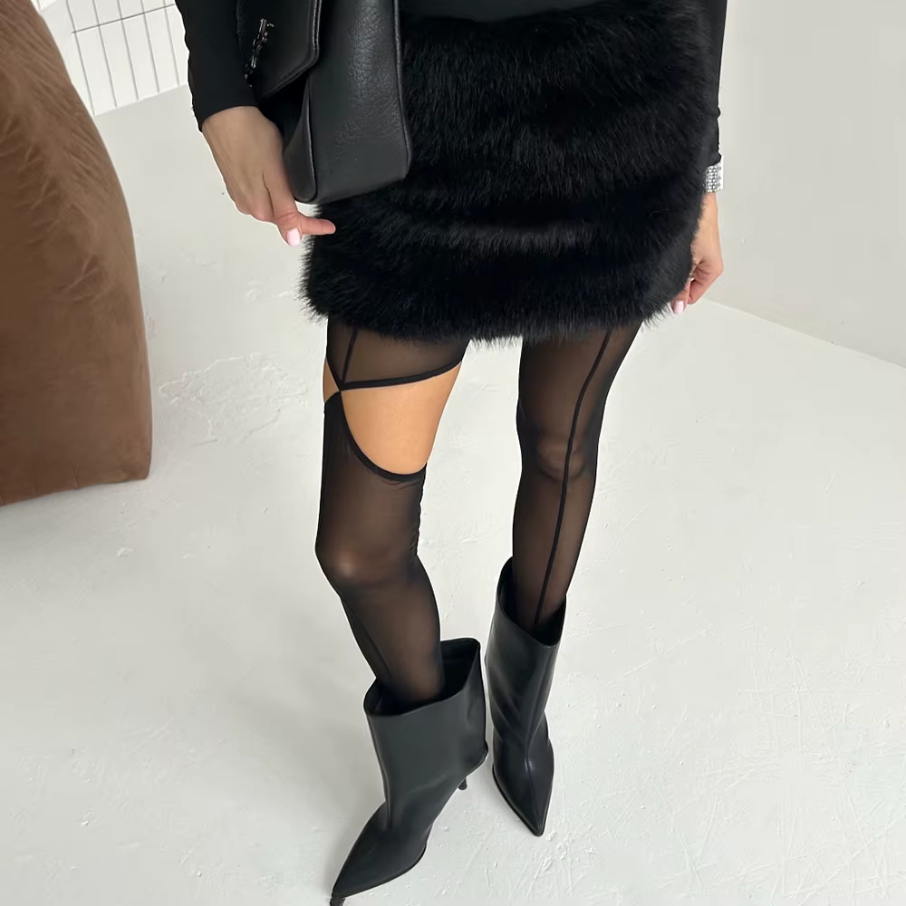 Talenza noir Sexy collants femmes mode évider asymétrique fente Vintage Leggings Y2K fête mince femme bas