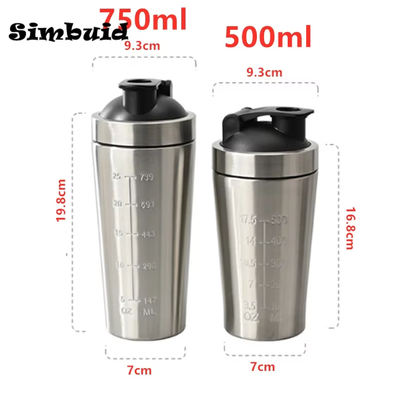 Bouteille Shaker de poudre de protéines en acier inoxydable, 500ML/750ML, avec boule en acier et échelle, anti-fuite, pour gymnastique, Fitness, Sport, tasses de lactosérum