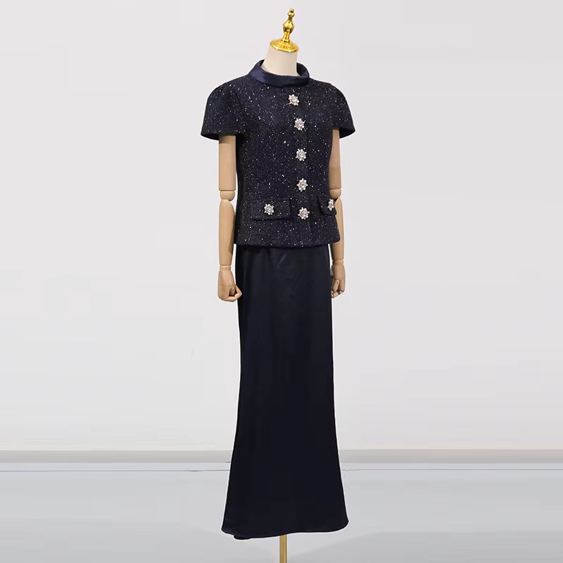 KBQ minceur deux pièces ensemble pour femmes col montant manches courtes épissé simple boutonnage haut taille haute jupe