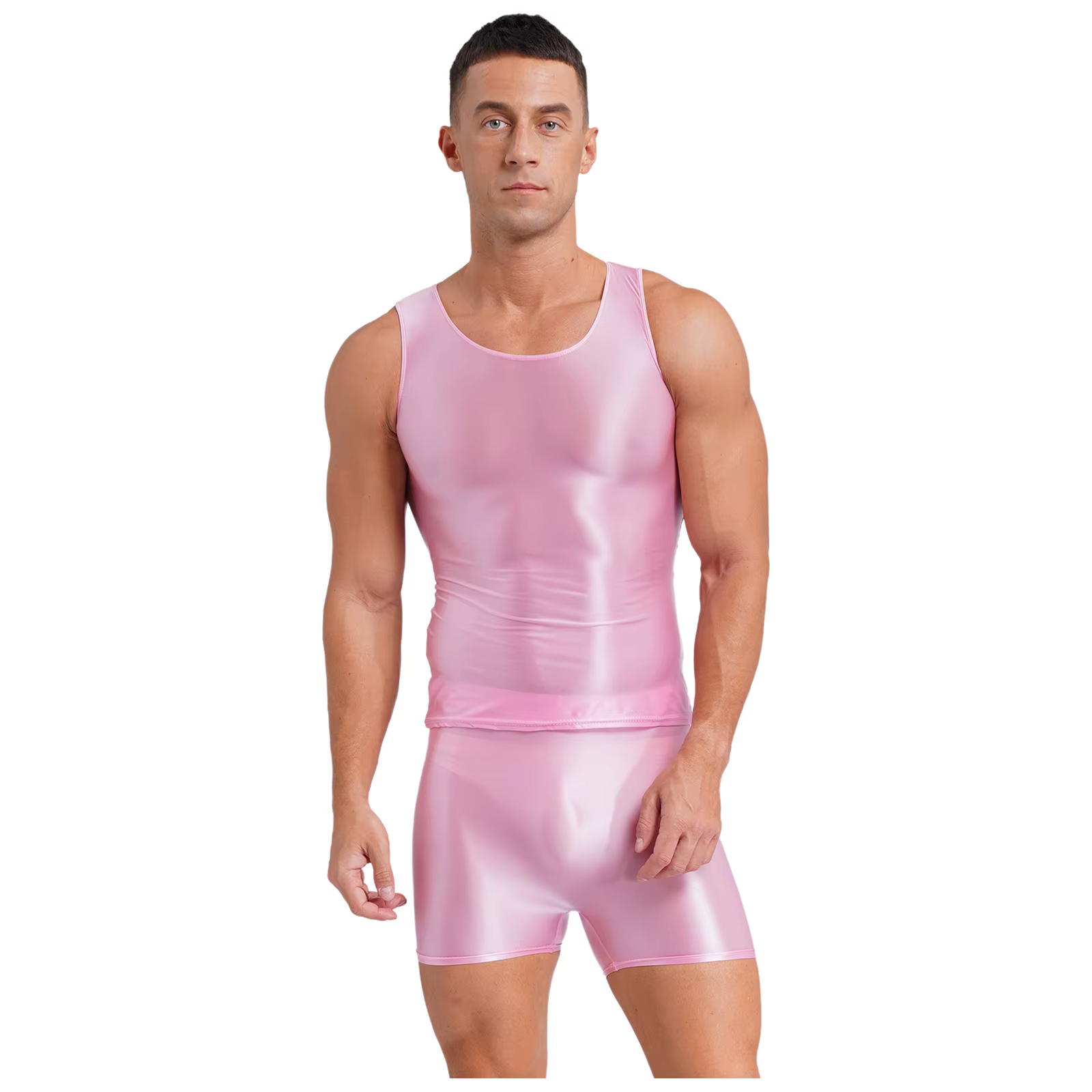 Maillot de bain brillant pour hommes, tenue deux pièces, col rond, débardeur extensible avec short, maillot de bain, Yoga, entraînement, Fitness, vêtements de sport
