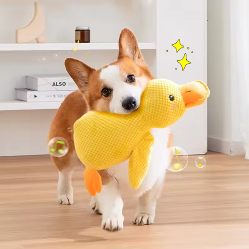 Chien endormi avec un chien câlin canard jouets pour soulager l'ennui du petit canard jaune animal de compagnie interactif en peluche poupée fournitures pour animaux de compagnie