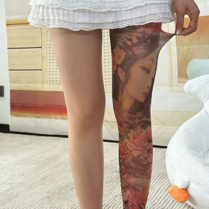 Collants imprimés Sexy pour femmes faux tatouage pivoine