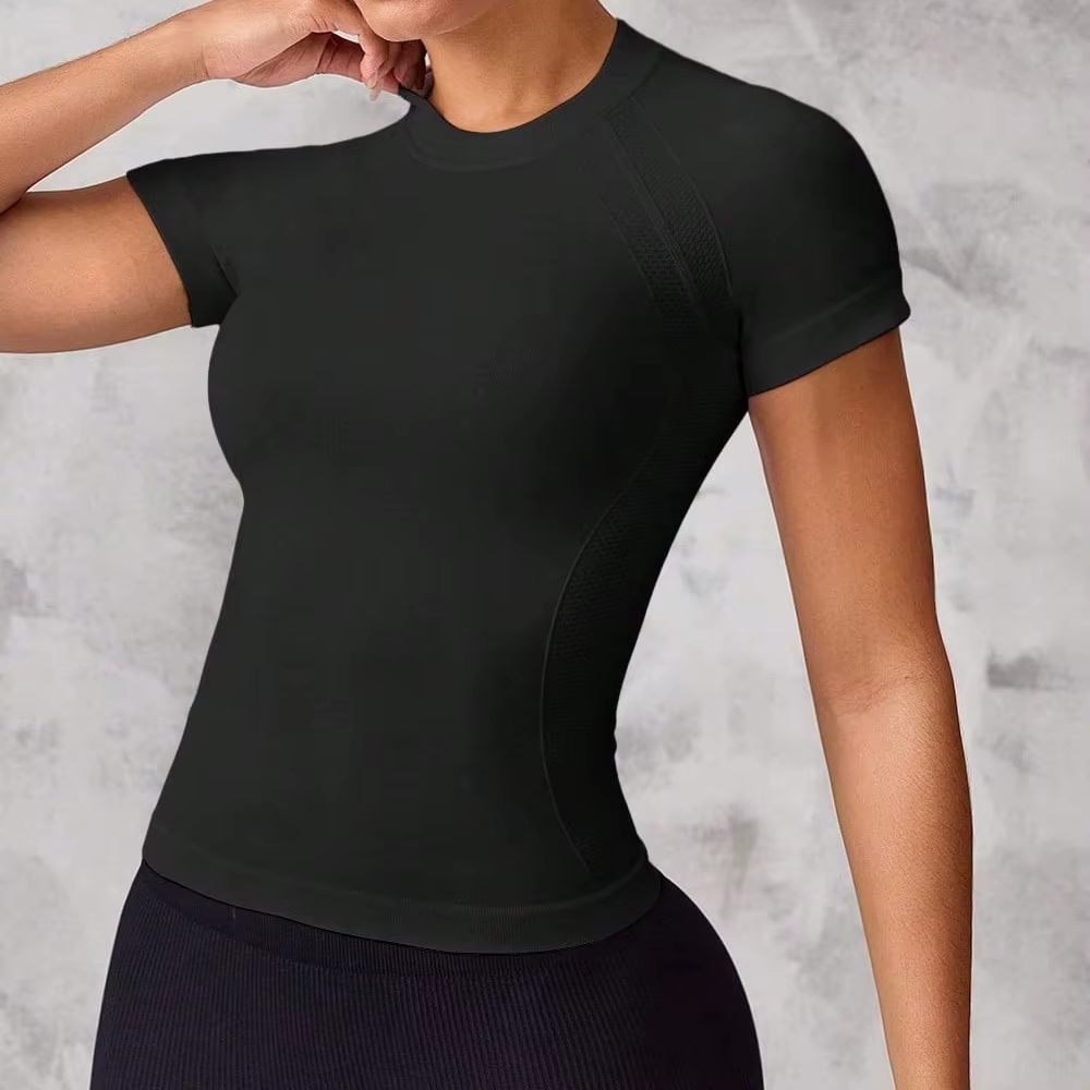 Haut de sport à manches courtes pour femmes, tissu respirant et à séchage rapide, adapté à la course et au yoga,