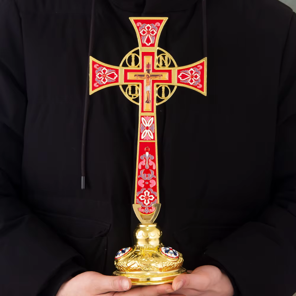 Nouvelle croix orthodoxe de bénédiction avec support pour la décoration de la maison d'église, icône de la Passion de jésus, boîte cadeau en croix émail rouge et bleue