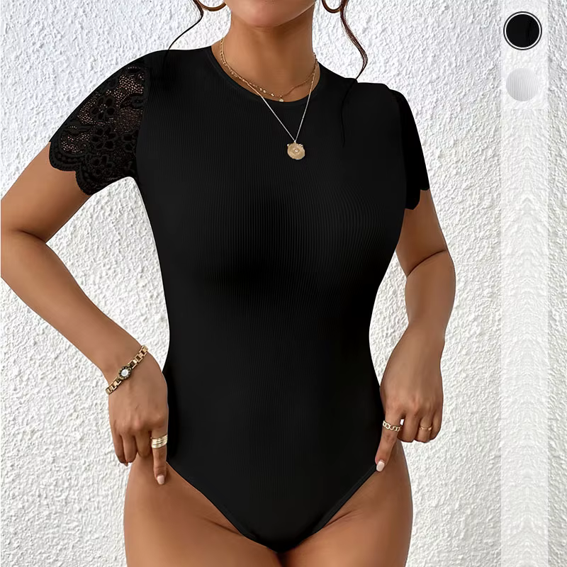 Body moulant sexy en dentelle à manches courtes pour femme