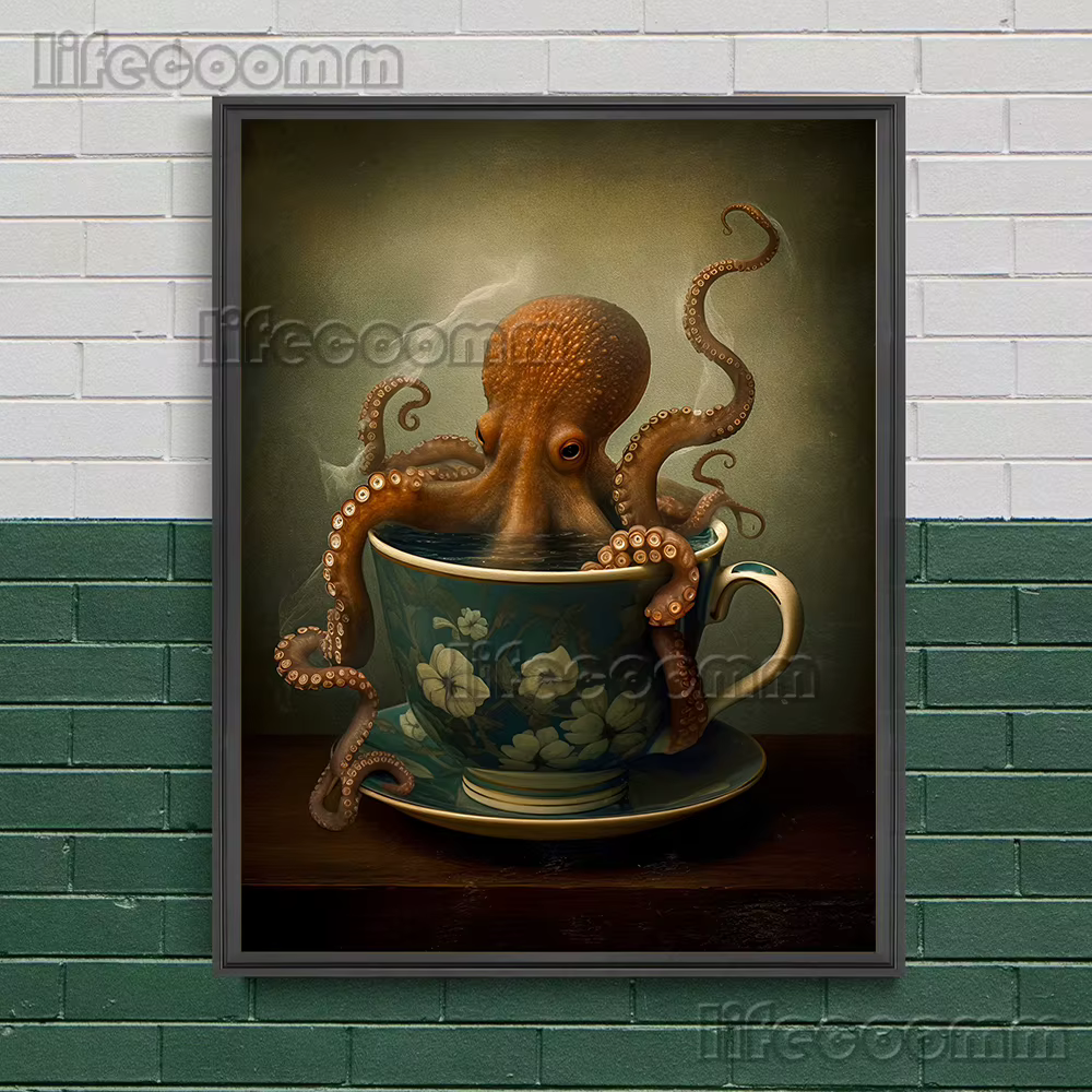 Pieuvre victorienne dans un chapeau haut de forme et Kraken Sea Diver Vintage Wall Art Canvas Painting, Funny Ocean Animal Art Poster, Print Decor