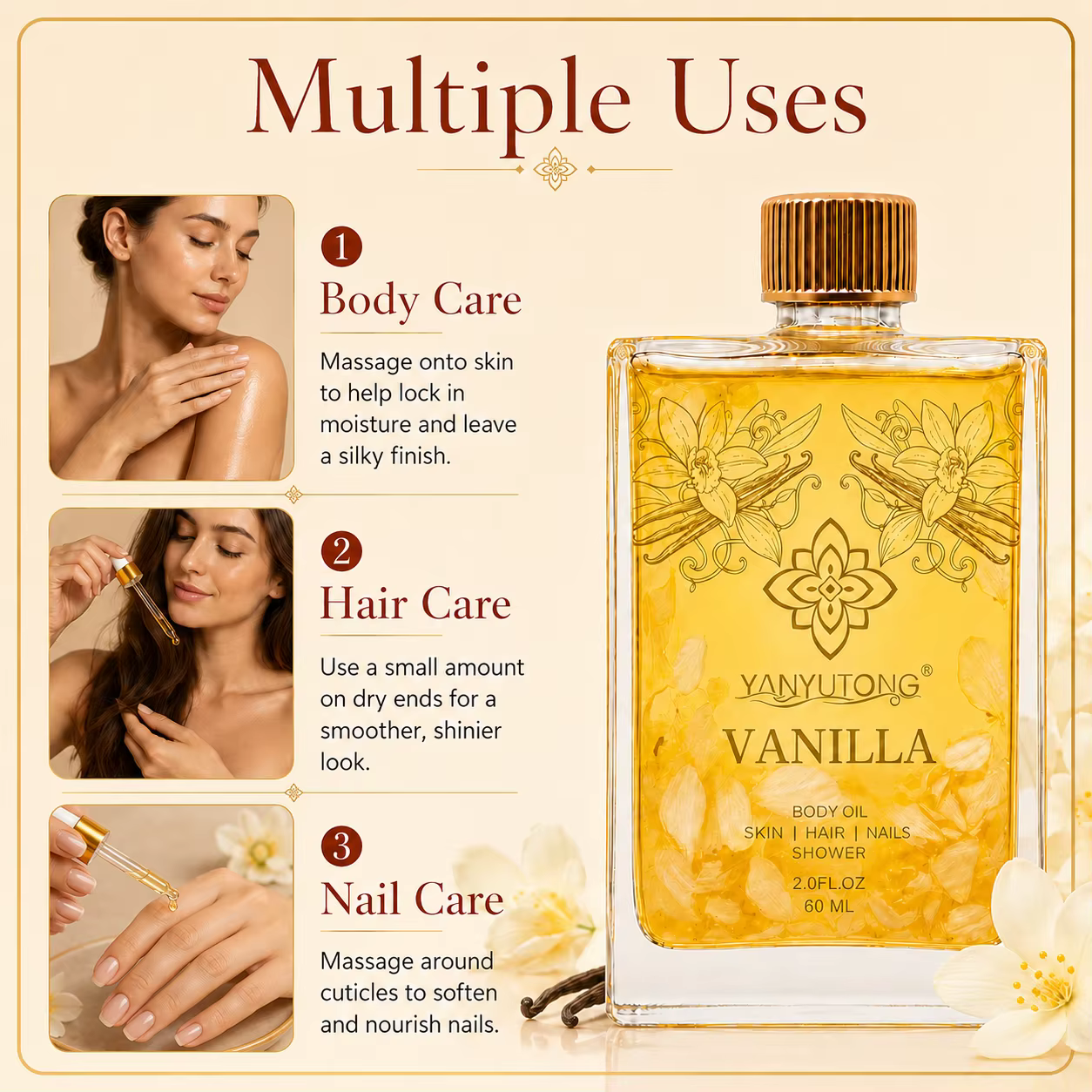 60 ml d'huile essentielle de vanille, nourrissante et hydratante, absorption rapide, douce, apaisante pour les peaux sèches, parfum longue durée.