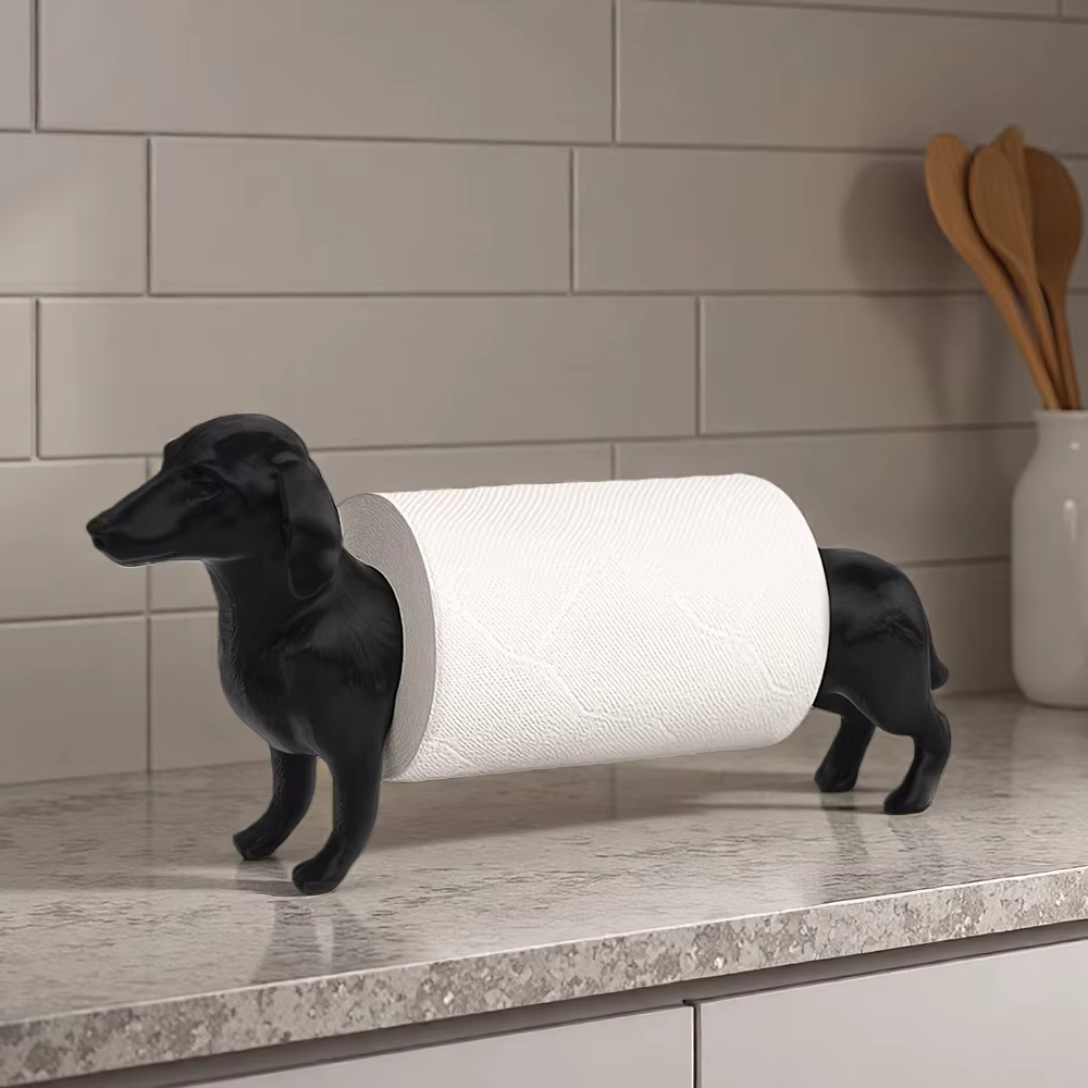 1 support de papier toilette amusant – un support noir sur pied conçu avec de jolis motifs de chiens, idéal pour les essuie-tout de cuisine
