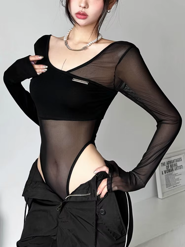 Costume de batterie transparent noir pour femme, lingerie sexy, manches longues, col en V, une pièce, corps féminin, dos nu, Y