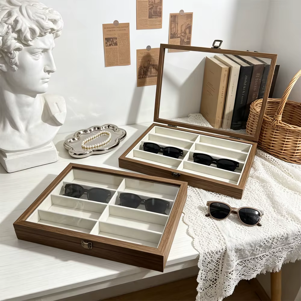 Boîte de rangement Sunshield, une boîte de rangement à huit compartiments pour lunettes de soleil, peut être utilisée pour ranger, présenter et organiser des bijoux et des accessoires