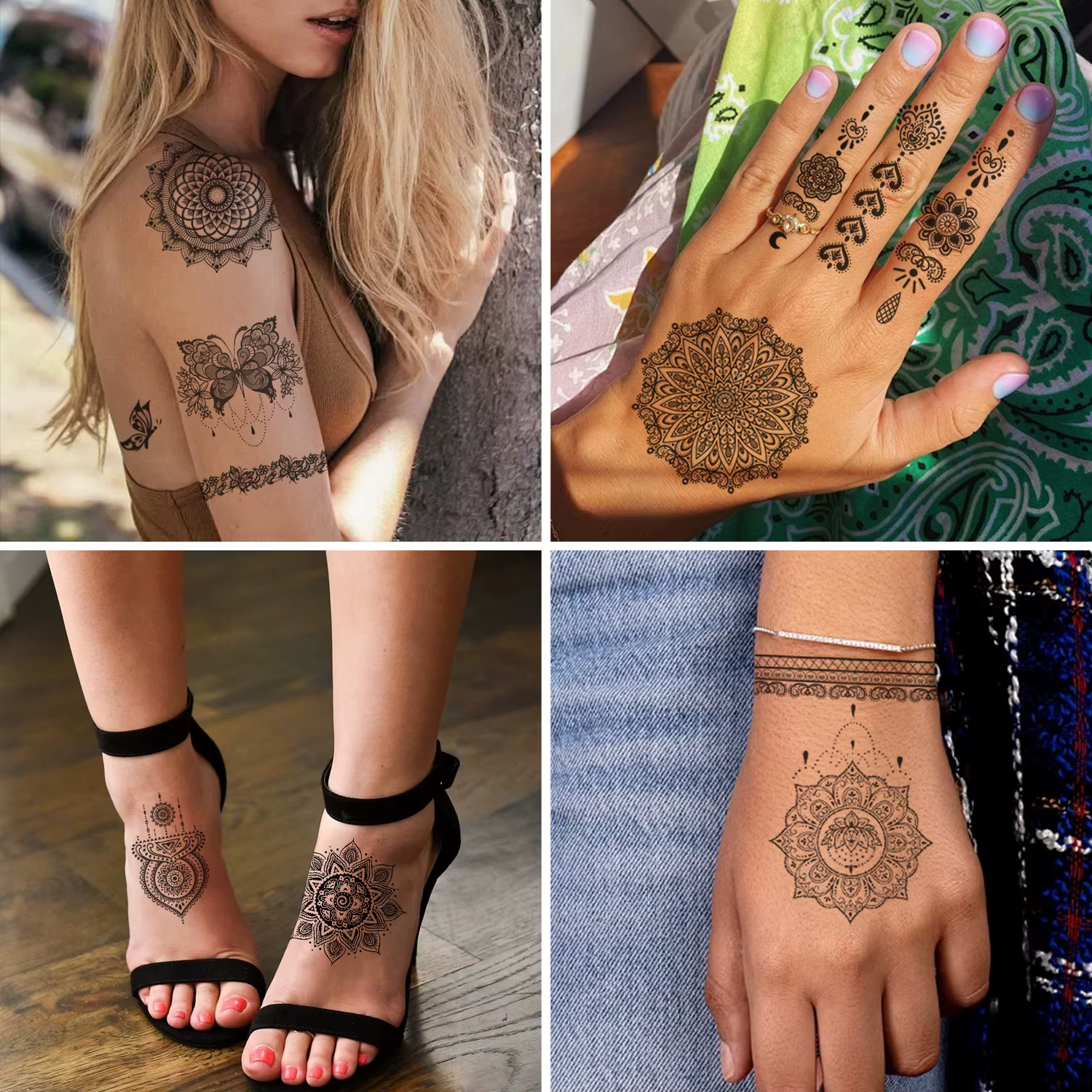 Tatouages temporaires fleur Mandala, autocollants de faux tatouage noir de style henné, 10 feuilles