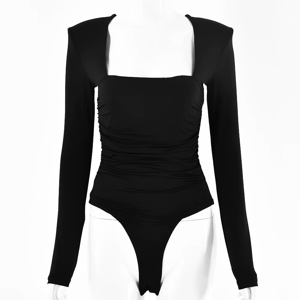 Body manches longues salopette pour femmes 2024 streetwear moulante col carré femme basique noir
