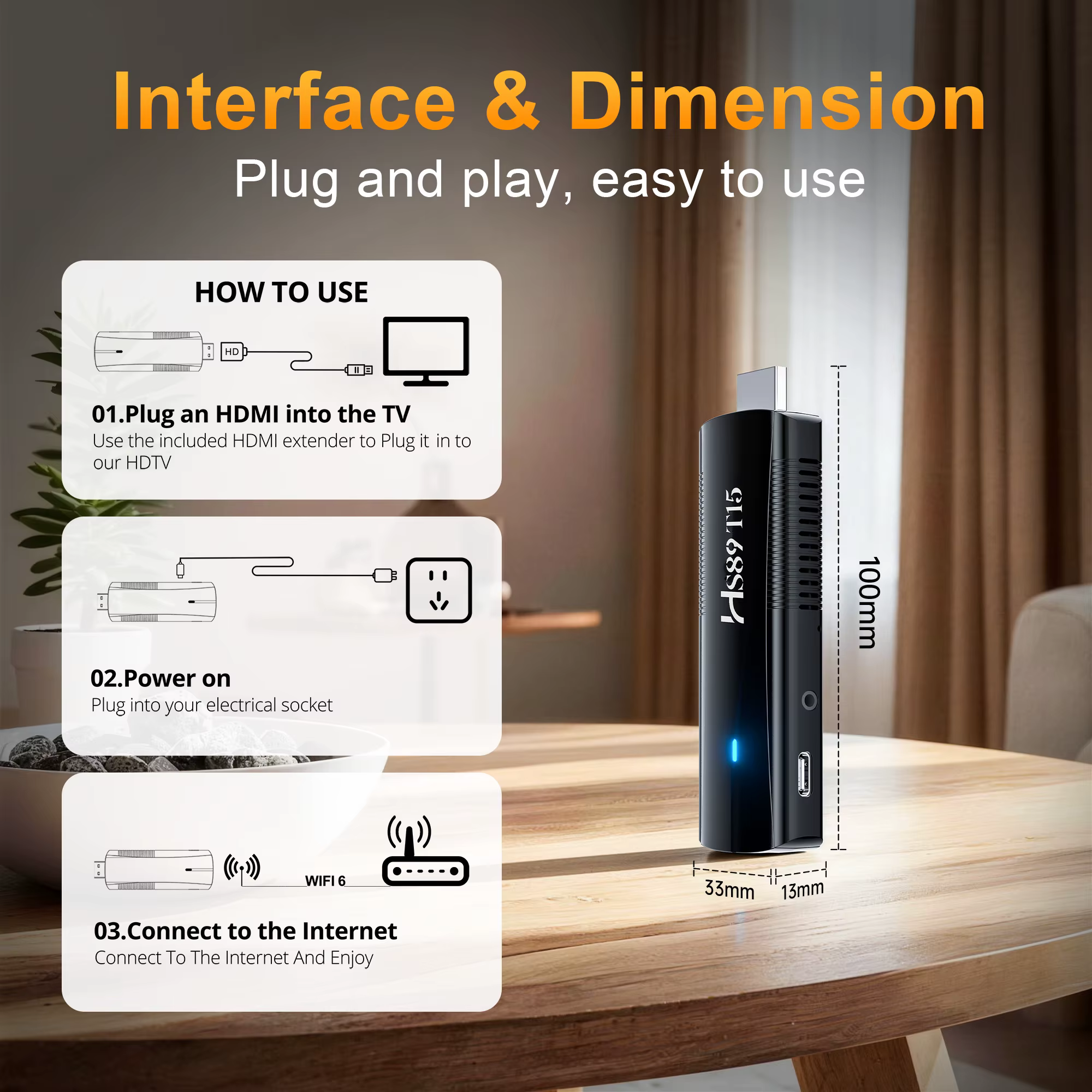 Clé TV intelligente prenant en charge la vidéo 4K, Android 14, RK3539, Wi-Fi 6 2.4G & 5G, BT5.4, lecteur multimédia, assistant vocal