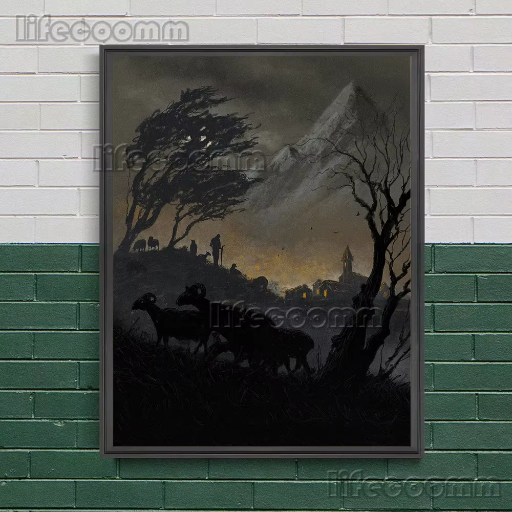Toile d'art mural abstrait noir-blanc, cabane de montagne et voyageurs, peinture silencieuse, forêt de montagne, affiche d'art fantastique, décor imprimé