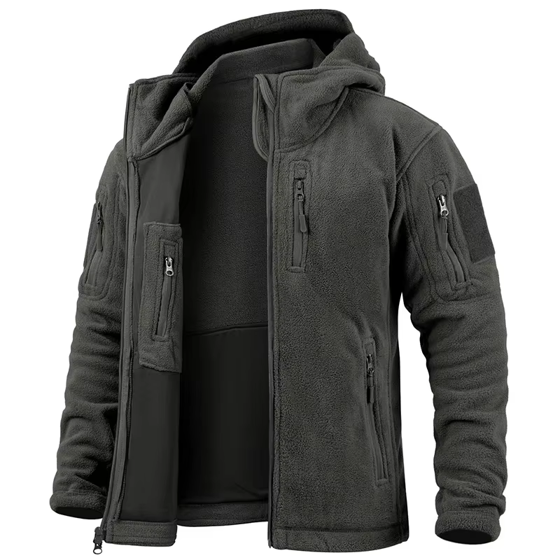 Veste polaire de chasse pour hommes, veste tactique polaire d'extérieur, randonnée, chasse, hiver, chaud, fermeture éclair complète, sweat à capuche militaire multi-poches