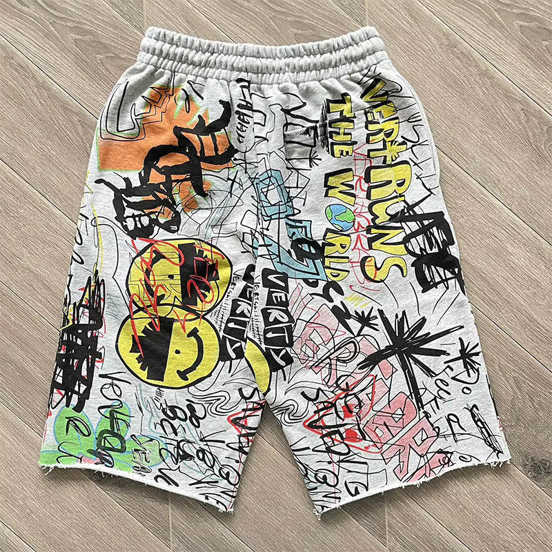 Shorts Vertabrae Verty colorés avec imprimé graffiti peint à la main, design à cordon de serrage, shorts de sport