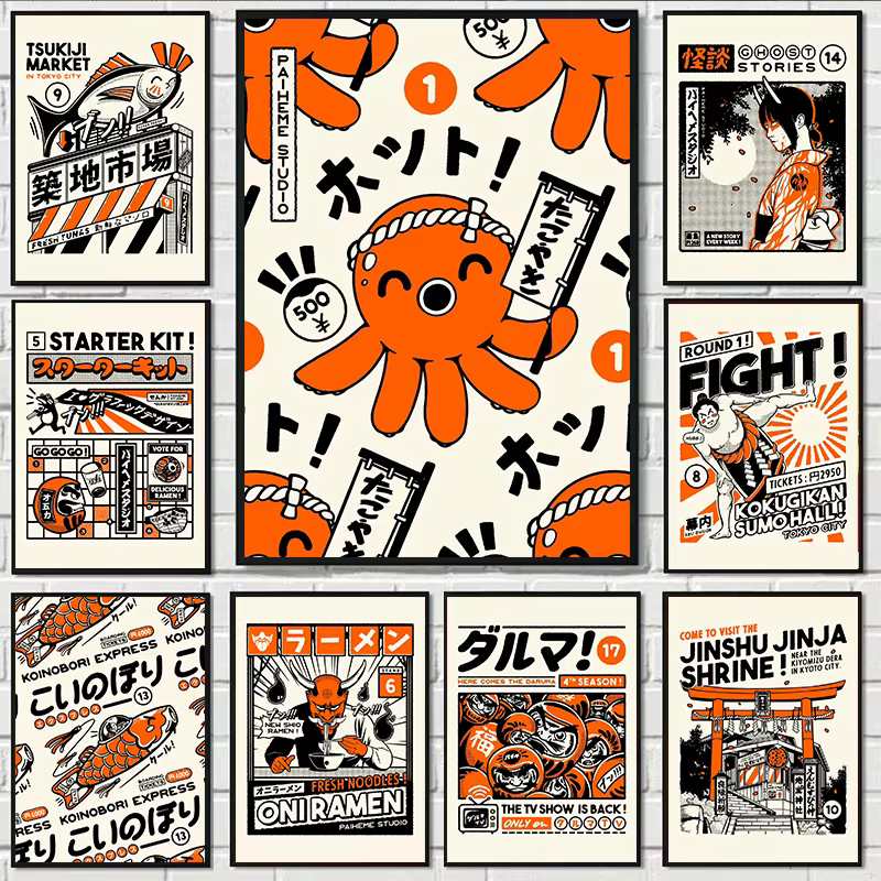 Takoyaki Oni Ramen nourriture japonaise Orange affiches et imprimés toile peinture drôle mur Art photo pour salon décor à la maison