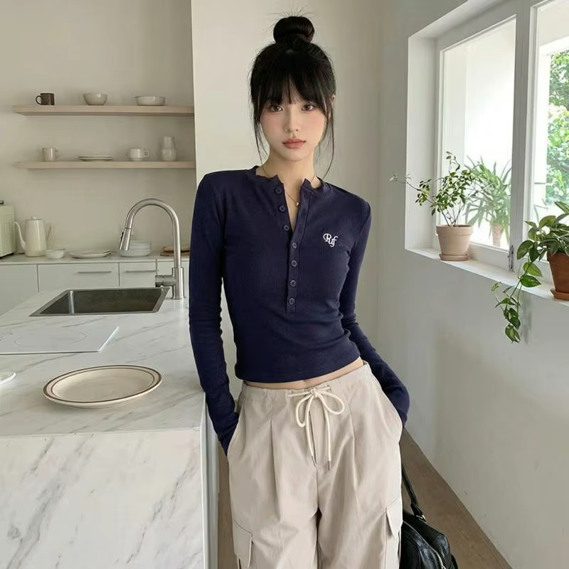 T-shirt vintage brodé pour femme 2026, coupe ajustée, col en V, manches longues, haut tendance pour tenues de printemps