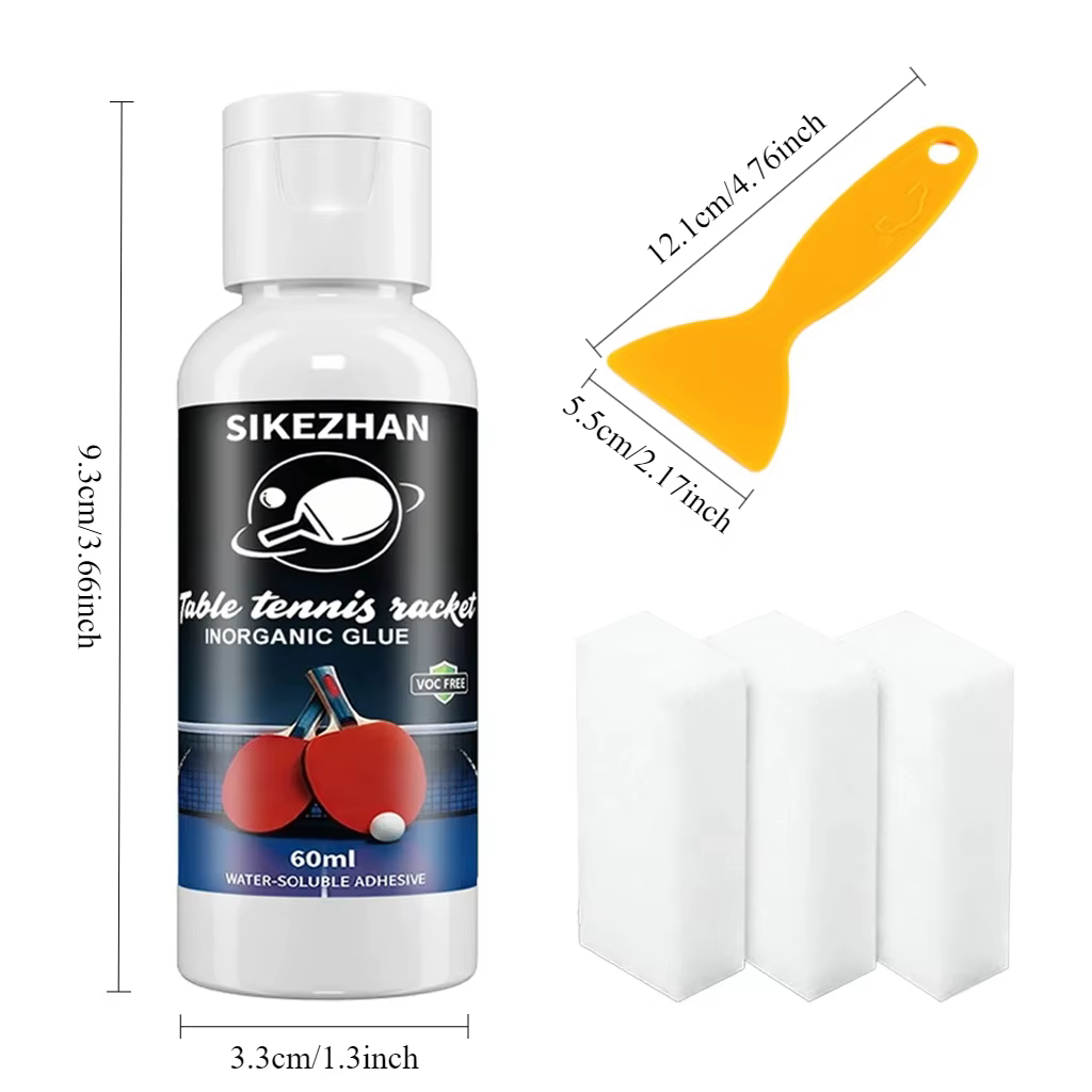 Colle de tennis de table 60 ml avec 3 éponges + raclette jaune, adhésif puissant pour l'assemblage des raquettes de ping-pong et le remplacement du caoutchouc