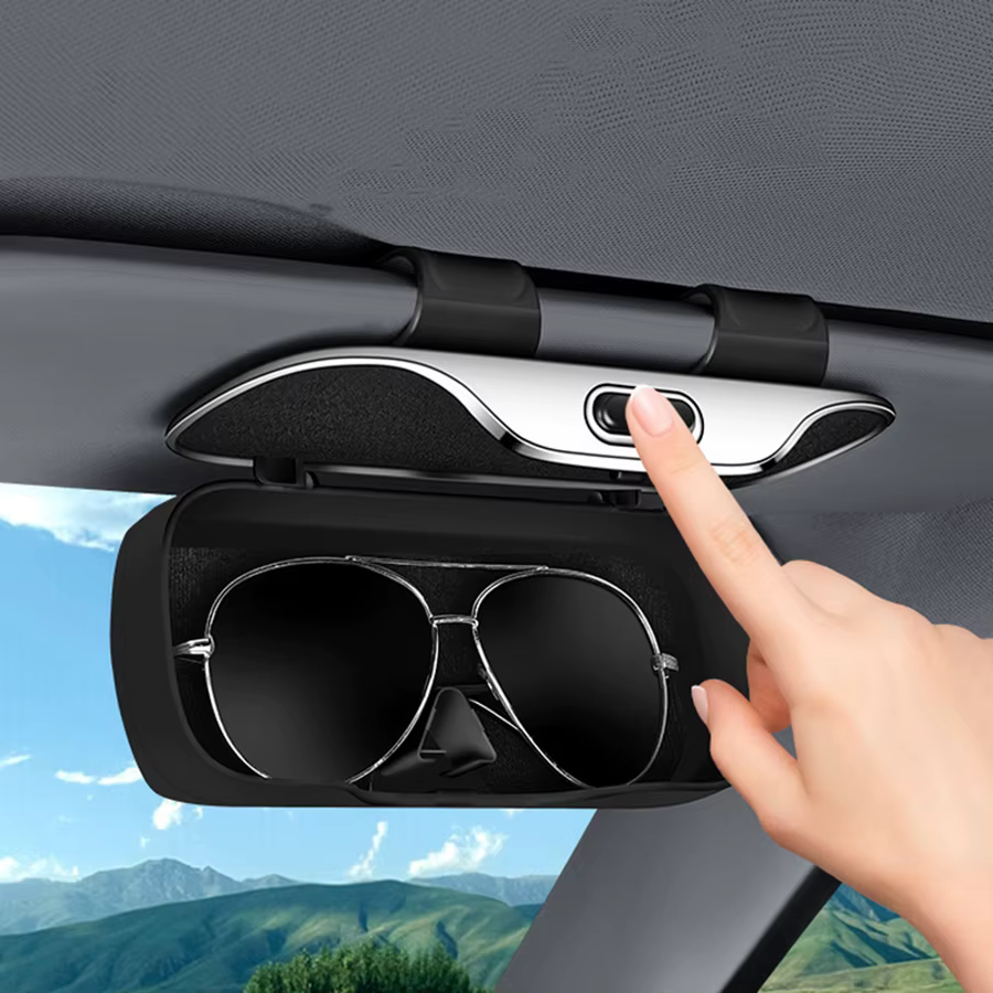 Boîte à lunettes de voiture avec interrupteur à pression, porte-lunettes pour pare-soleil, tissu souple interne, résistant aux rayures, résistant aux chocs, mallette de rangement pour lunettes